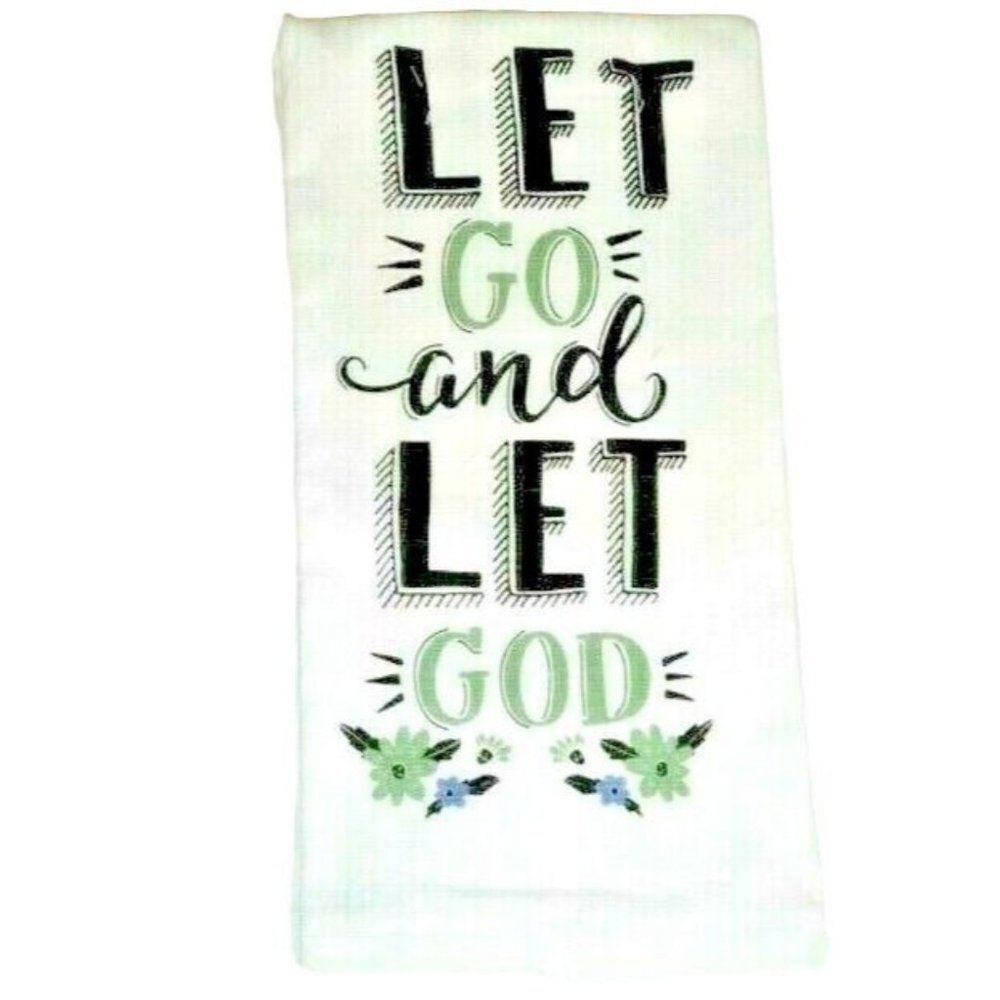 Let Go and Let God Inspirational Kitchen Towels Teal Green Black on White 2-Pc